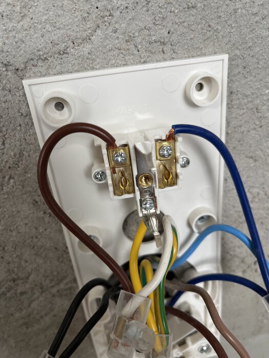 Elektrisk kopplingsdosa öppnad med flera färgade kablar inkopplade på väggen.