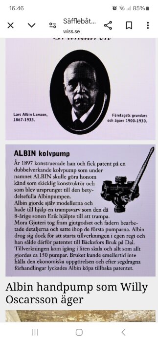 Historisk text och bild på Lars Albin Larsson, grundare av Albin kolvpumpar, med information om företagets historia och konstruktion.