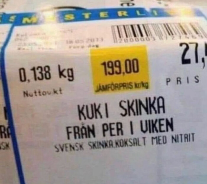 Etikett på skinka från Per i Viken, väger 0,138 kg, pris 27,5 kr. Text "Kuki Skinka" med information om svenskt kött och tillsatser.