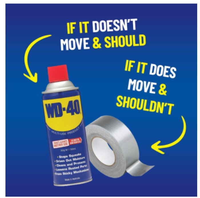 WD-40 burk och silvertejp, text säger: "If it doesn't move & should" (vänster) och "If it does move & shouldn't" (höger) med pilar mot produkterna.