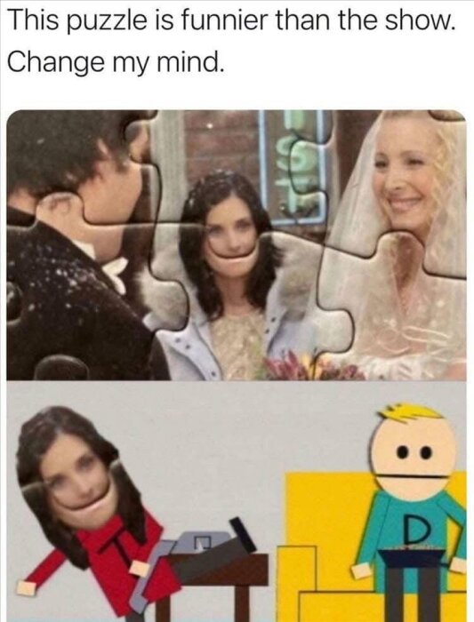 Ett bildmontage med pusselbitar som formar ansikten, blandat med tecknade figurer med samma ansikten. Texten ovan säger "This puzzle is funnier than the show.