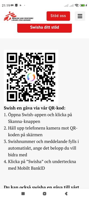 QR-kod och information för att Swisha en gåva till Läkare utan gränser via Swish-appen med instruktioner.