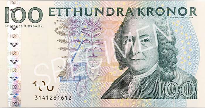 Svensk hundralapp med porträtt av Carl von Linné.