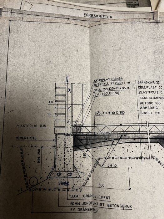 Gammal konstruktionsritning av husgrund med detaljer om syllisolering, skumplast och betongkonstruktion.