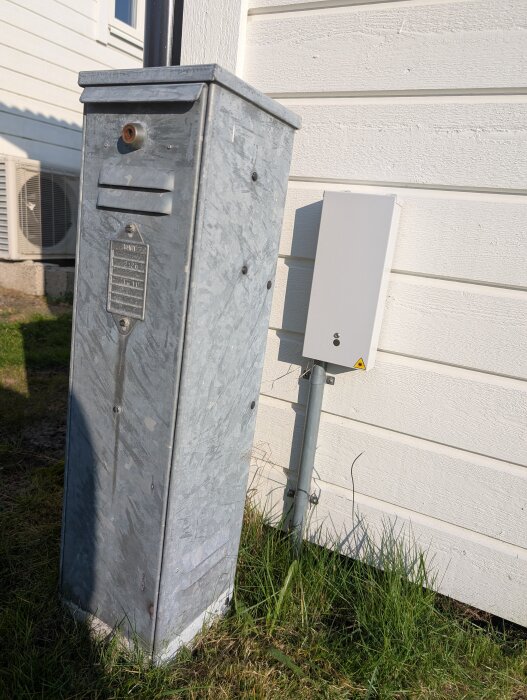 Elskåp utomhus med en hängande svart tråd mot metallskåpet och gräsmattan, intill en byggnadens fasad.