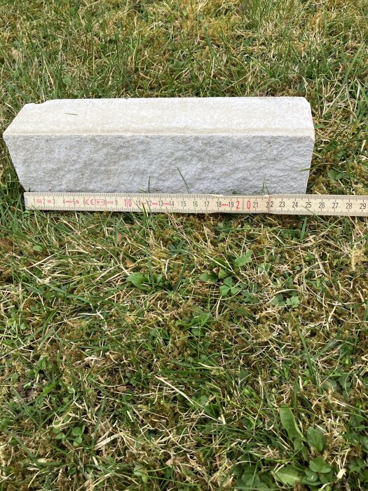 Tegelsten på gräs med linjal bredvid för att visa dimensioner.