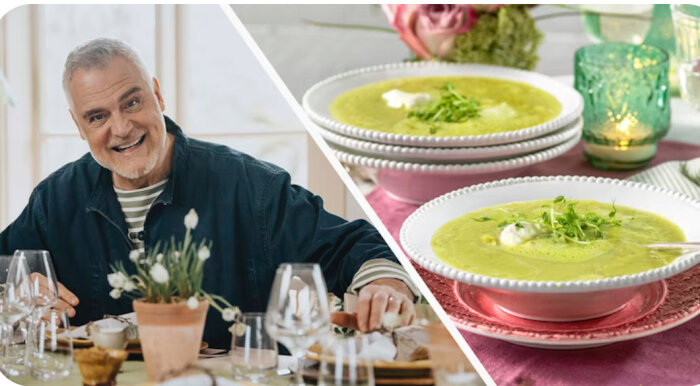 En person vid ett dukat bord och skålar med grön soppa, garnerad med crème fraîche och ärtskott, på ett påskdekorerat bord.