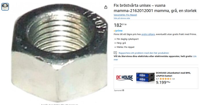 Grå sexkantig mutter av metall visas på en produktbeskrivning med texten "Fix bröstvårta unisex – vuxna mamma".