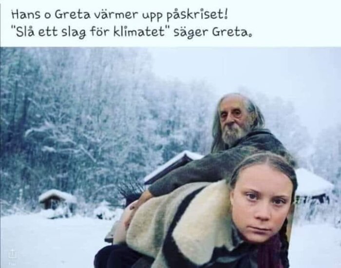 En äldre man och en yngre person i en snöig skogsmiljö, med text som nämner "Hans och Greta" och klimatet.