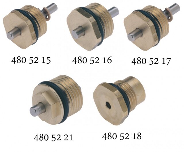 Packboxar för radiatorventiler, visade i fem olika modeller med nummer: 480 52 15, 480 52 16, 480 52 17, 480 52 21, 480 52 18.