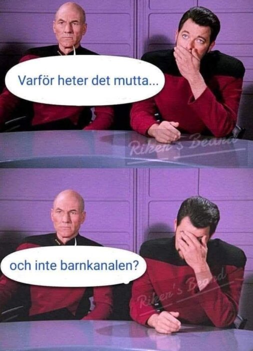 Två personer i rymddräkter, en talar med pratbubbla: "Varför heter det muttta... och inte barnkanalen?" Den andra håller för ansiktet och ser generad ut.