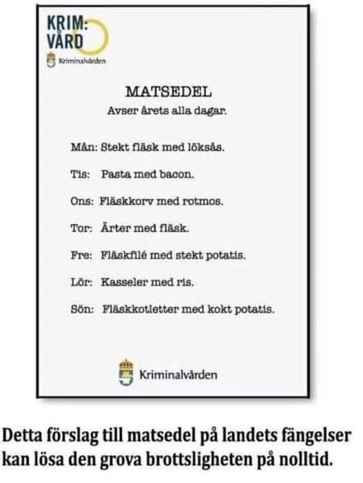 Matssedel från Kriminalvården med olika rätter för veckans dagar, alla med kött som bas. Text om att detta kan lösa brottslighet.