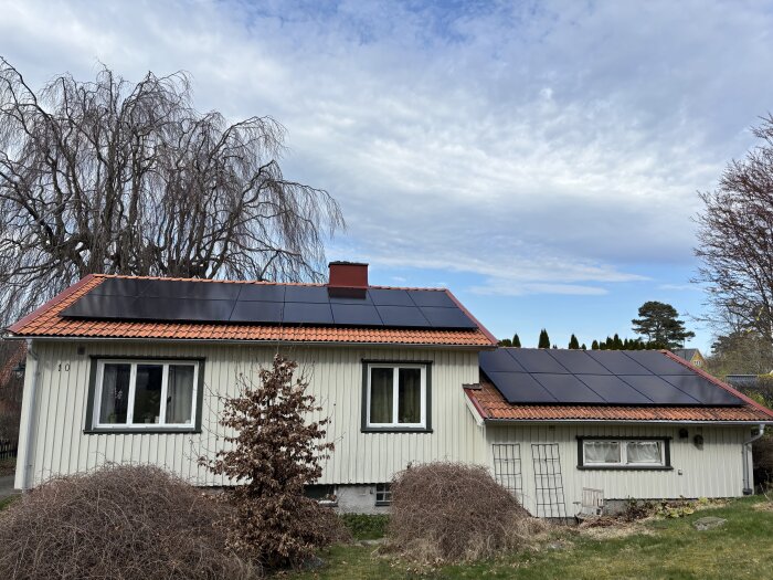 Ett vitmålat egnahemshus med solpaneler på taket, omgiven av träd och buskar.