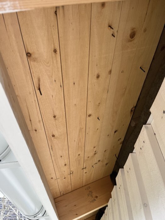 Råspont under takfot med missfärgningar, möjliga tecken på fuktskada eller mögel, synliga spikhuvuden.