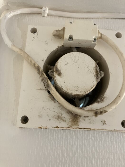 En äldre fläkt monterad i ett tak, omgiven av damm och smuts, med ansluten kabel och armatur. Fläkten är från tillverkaren "Fresh".