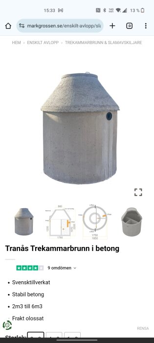 Bild av Tranås trekammarbrunn i betong med tekniska ritningar och produktbeskrivning. Svensktillverkad och kapacitet 2m3 till 6m3.