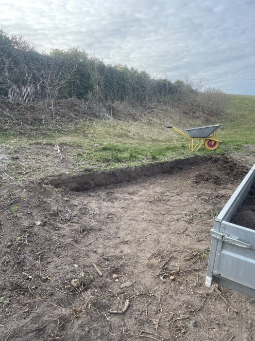 Grävd mark för nivåmur med skottkärra och grönska i bakgrunden under en molnig himmel.