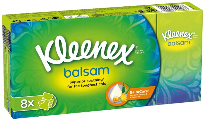 Kleenex balsam näsdukar med BalmCare™, aloe vera, vitamin E och ringblomma, i förpackning med gröna och blå mönster, 8-pack.