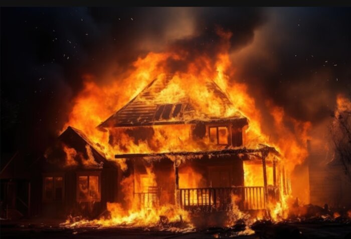 Ett hus helt övertänt av lågor under natten, starkt lysande i mörkret.