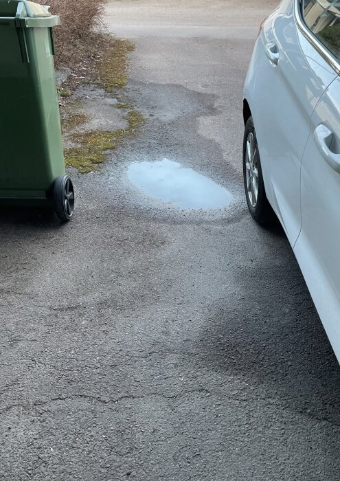 Pöl med vatten på en sprucken asfaltsuppfart, intill en vit bil och en soptunna.