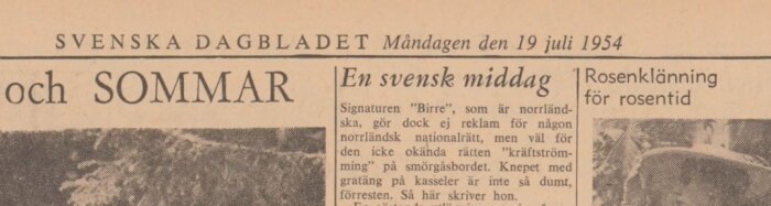 Tidningsartikel i Svenska Dagbladet från 19 juli 1954 om svensk middag och ordet "kasseler".