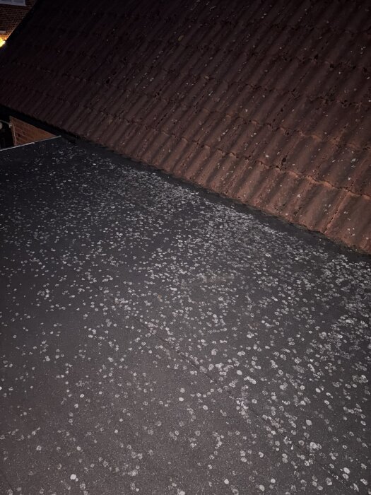 Uterumstak under renovering med fläckar av fukt eller mögel, fotograferat på kvällen med tegelvägg i bakgrunden.