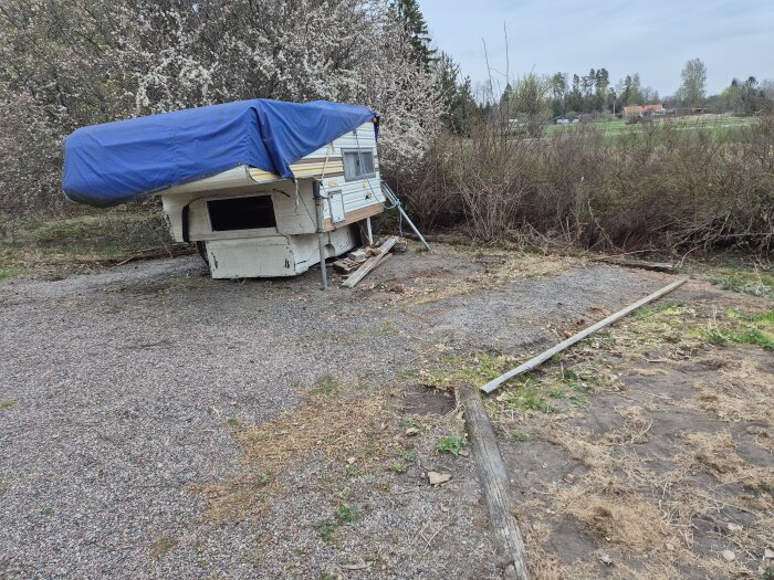 Gammal camper täckt av blå presenning, står på grusplan omgiven av buskar. Husbilens skick ser slitet ut.