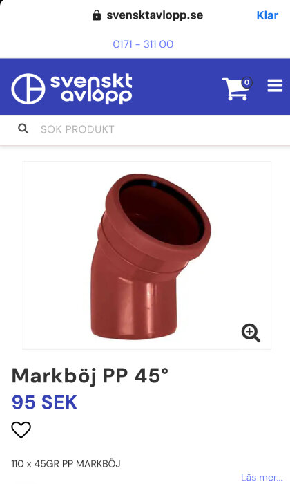 Röd markböj PP 45 graders avloppsrör på svensktavlopp.se, pris 95 SEK.