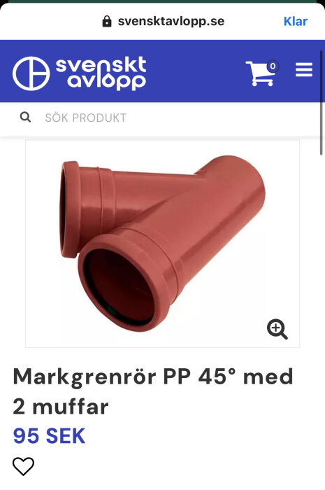 Markgrenrör PP 45 grader med två muffar visas på Svensktavlopps hemsida, priset är 95 SEK.