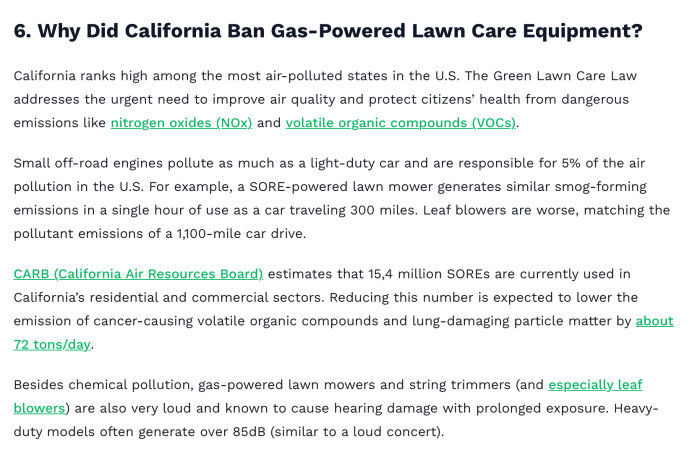 Text som förklarar varför Kalifornien har förbjudit bensindrivna trädgårdsmaskiner på grund av deras höga utsläpp och bullerproblemen de orsakar.