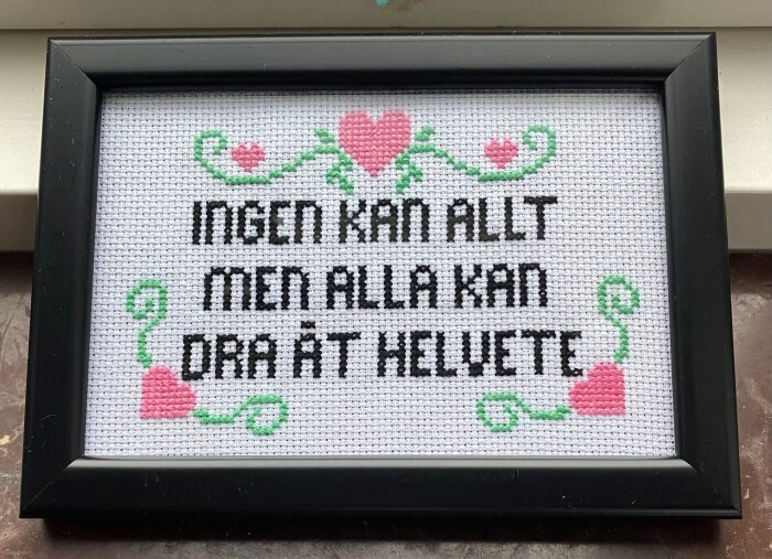 En inramad korsstygnstavla med texten "Ingen kan allt men alla kan dra åt helvete", samt rosa hjärtan och gröna rankor.