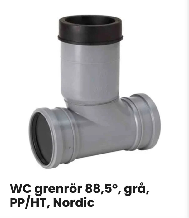 Grått WC-grenrör i plast med 88,5º vinkel, tre anslutningar och svart tätning upptill, för avloppssystem i hushåll.