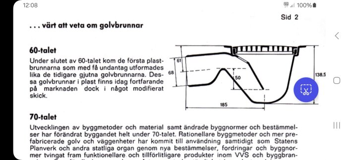 Teknisk ritning av en plastbrunn från 60-talet, med måttangivelser. Text beskriver plastbrunnens utveckling och design.