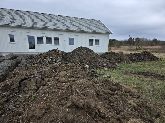 Hög av lera och grus framför ett vitt hus på en gård. Erbjudande om gratis fyllnadsmassor med hjälp av minigrävare under påsken.