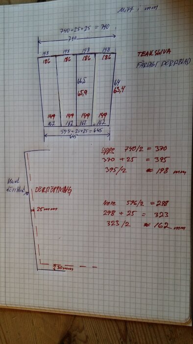 Ritning på grafpapper med måttangivelser för nya dörrar till båt, inkluderar mått på teakskiva och dörröppning samt beräkningar i mm.