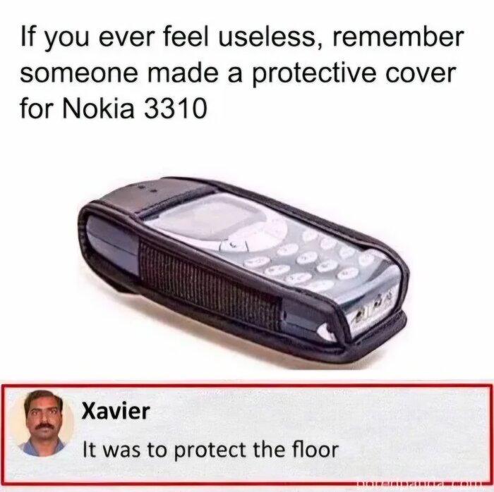 Bild av en Nokia 3310 i fodral med texten "If you ever feel useless, remember someone made a protective cover for Nokia 3310" och kommentar "It was to protect the floor.
