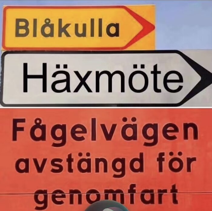 Vägskyltar med texten "Blåkulla", "Häxmöte" och "Fågelvägen avstängd för genomfart".