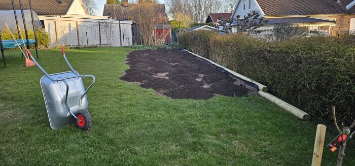 Skottkärra och jordhög på gräsmatta bredvid häck och stockar. Byggprojekt pågår med markberedning och fuktisolering för trädgården.