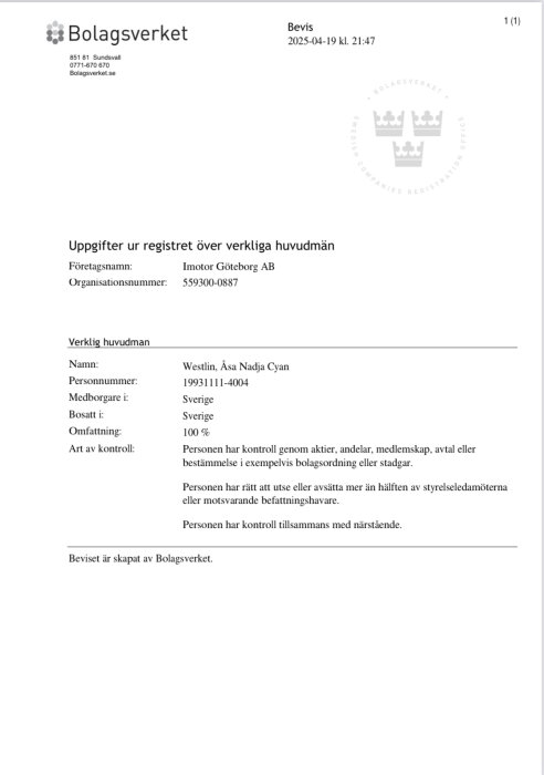 Bevis från Bolagsverket som visar registrerad verklig huvudman för Imotor Göteborg AB, med detaljer om kontroll och personinformation.