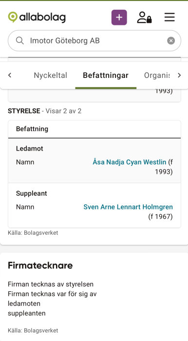 Bild av styrelseinformation för Imotor Göteborg AB, med namnen på ledamot och suppleant hämtade från Bolagsverket.