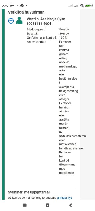 Skärmbild av en sida som visar uppgifter om en verklig huvudman med detaljer om kontroll och medlemskap.