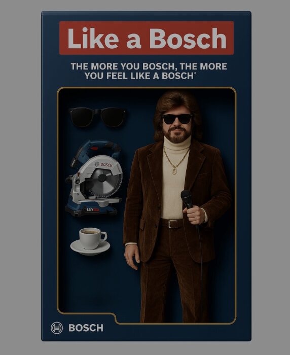 Docksats med figur i brun kostym, verktyg, kaffekopp, solglasögon och mikrofon, i förpackning märkt 'Like a Bosch'.