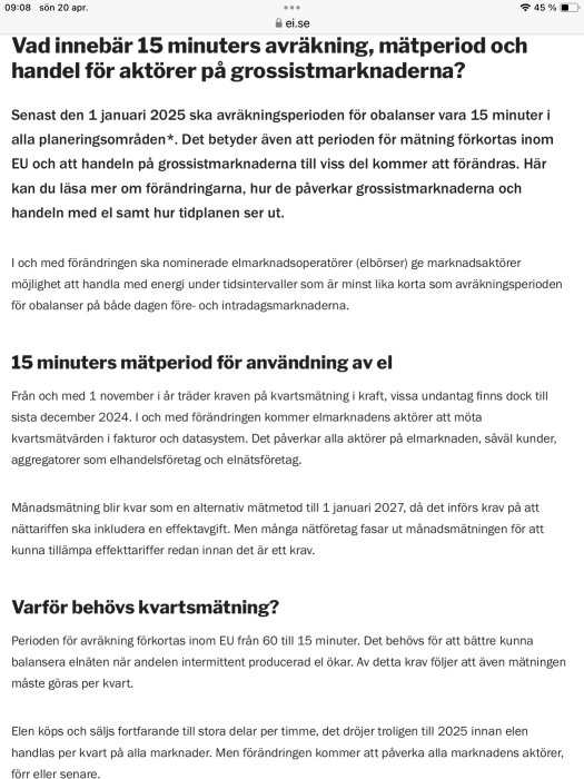 Skärmbild av en text från en webbsida med rubrik om 15 minuters avräkning och mätperioder för grossistmarknader inom energisektorn i EU.