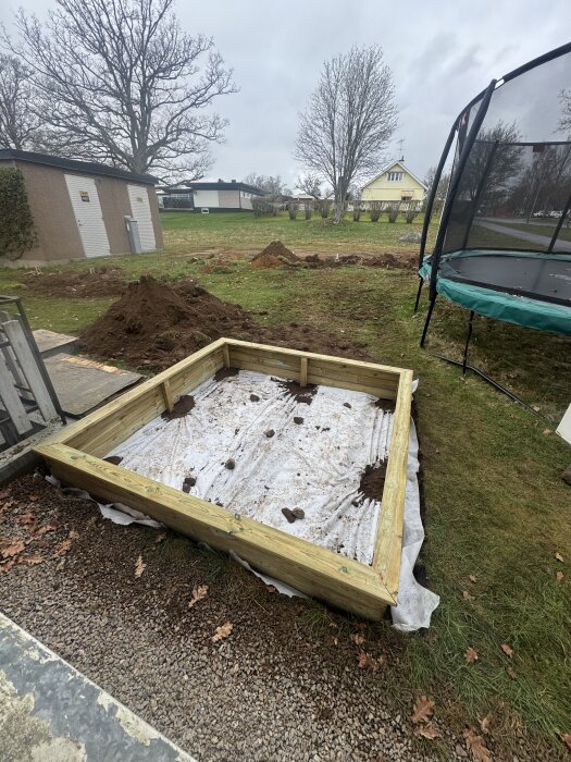 Nygrävd sandlåda med träkant, omgiven av gräsmatta och grus, synlig bredvid en studsmatta i en trädgårdsmiljö.