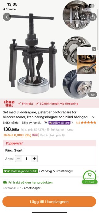 Set med treklodradare och justerbar pilotdragare för bilreparation visas på en webbplats.