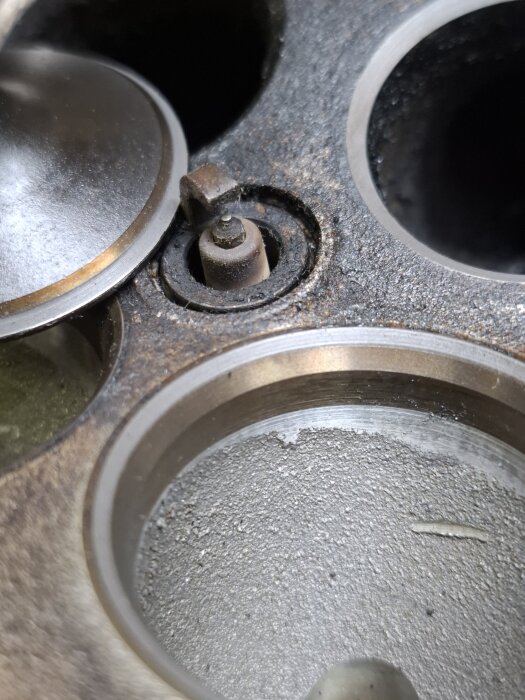 Närbild av en motordel, troligen toppen av en cylinder med ventiler och sätesringar synliga i metalliskt och oljigt skick.