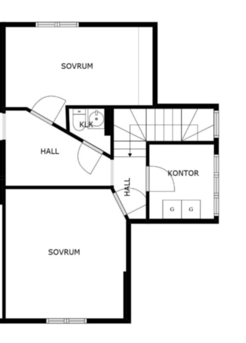 Planlösning av övervåning med två sovrum, kontor, två hallar, klädkammare och garderober.