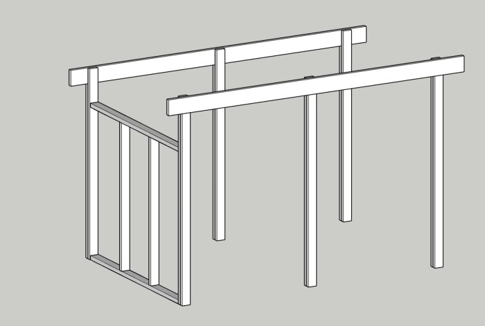 3D-ritning av en delvis byggd stomme med horisontella och vertikala reglar, visar konstruktion av en vägg utan diagonalstöd.