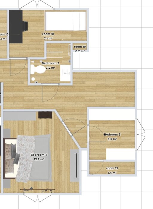 Planlösning av hus med snea väggar, visar sovrum, badrum och förråd. Olika rum och deras ytor är markerade i kvadratmeter.