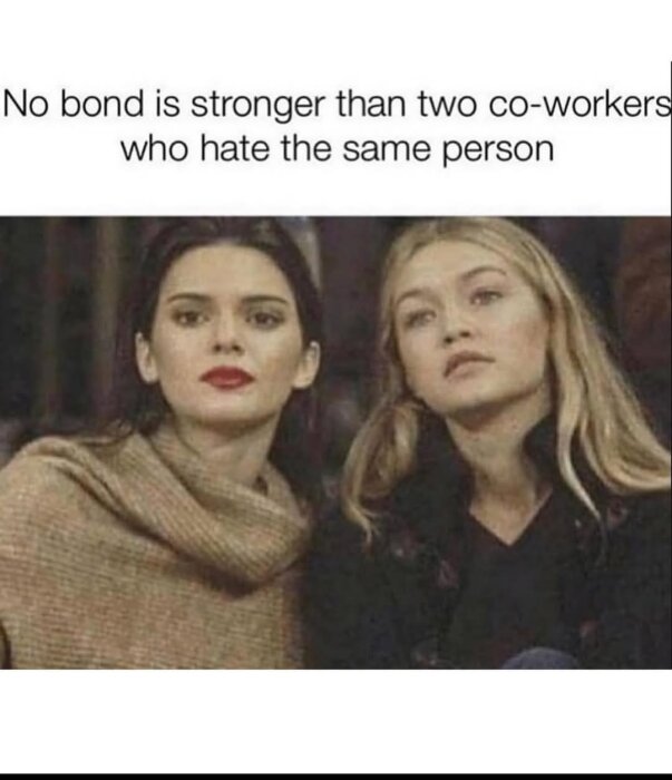 Två kvinnor sitter bredvid varandra och tittar rakt fram, text ovanför dem säger "No bond is stronger than two co-workers who hate the same person".